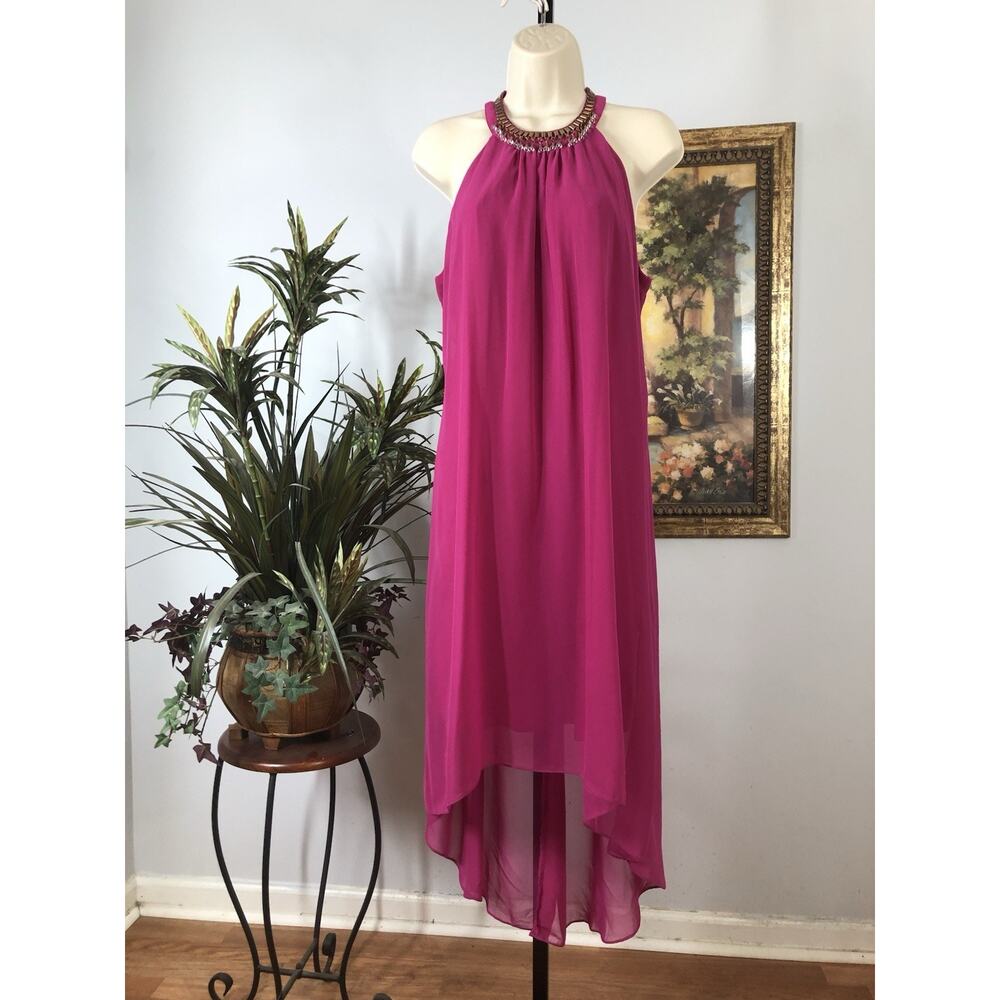 SLNY Dress Size 10 Cut Out Halter Neck High And Low Purple Open Zipper Hot Pink